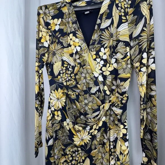Women's Tommy Hilfiger Navy Yellow Flower Long Sleeve Dress Wrap V Size 10 NEW - Picture 3 of 10
